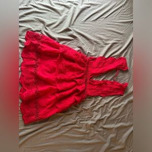 PRETTYLITTLETHING.   Red Crochet Lace Plunge Swing Dress